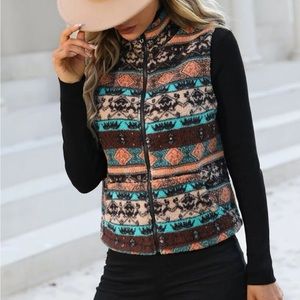 Geo Pattern Zip Up Flecee Vest Jacket